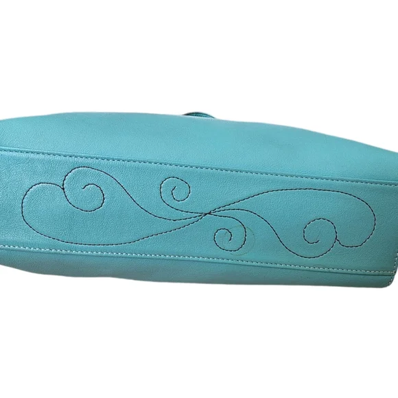 Brighton Teal Leather Shoulder Bag Cric Handles With Flower & Heart Charm GUC - Picture 3 of 10